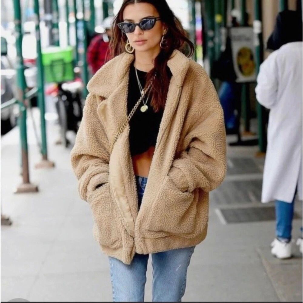 I. AM. GIA. Pixie Teddy Oversized Chore Coat‎ Sherpa Jacket In Camel Brown Small